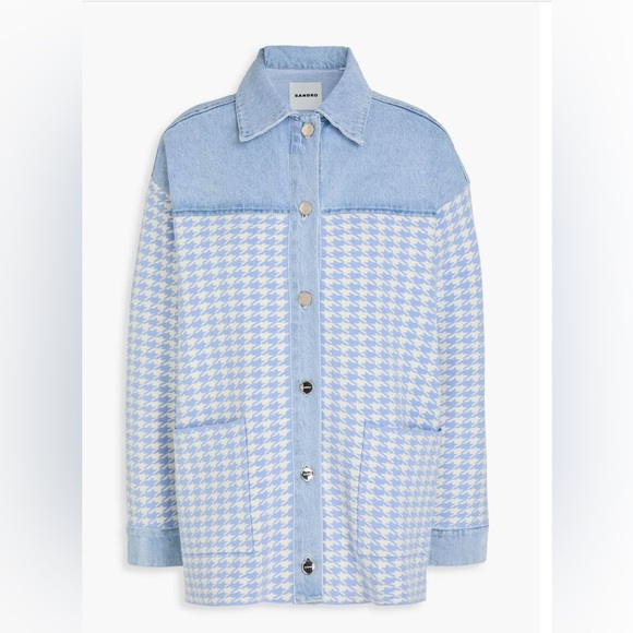 ⭐️SANDRO Houndstooth denim-paneled stretch-knit shirt jacket—GORGEOUS!! Size 2 - Picture 1 of 13
